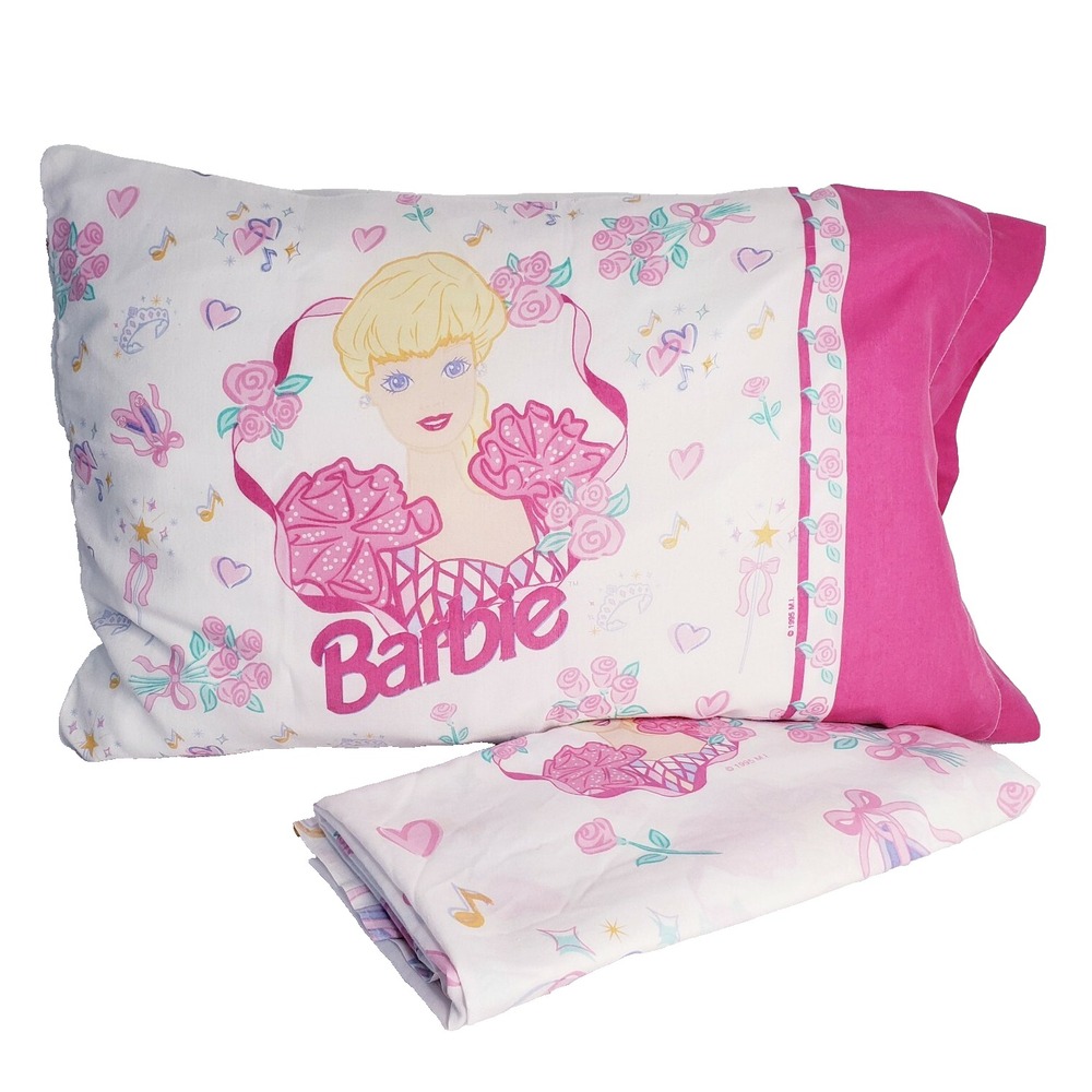 Vintage 1995 BARBIE Bed Pillow Case Twin Flat Sheet Ballerina Hearts Barbiecore